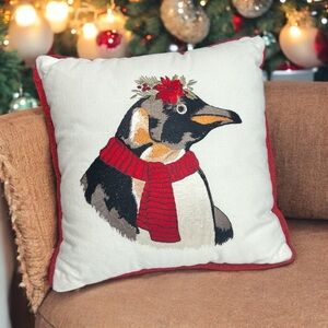 Pier 1 Penguin‎ Holiday Embroidered Pillow Removable Cover Multicolor